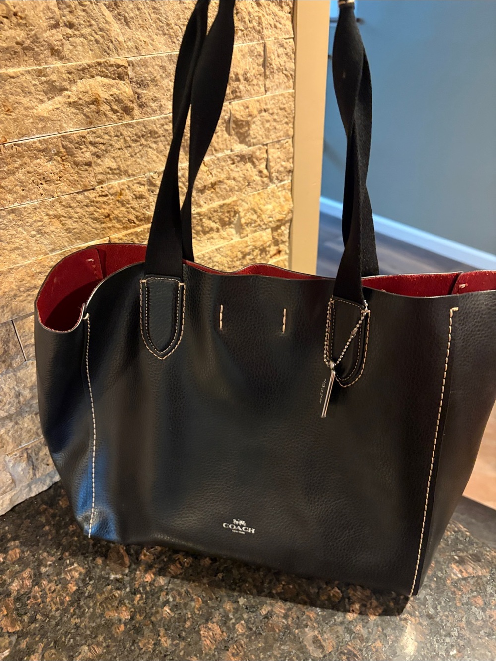 Coach Leather Tote — Black with Red Interior